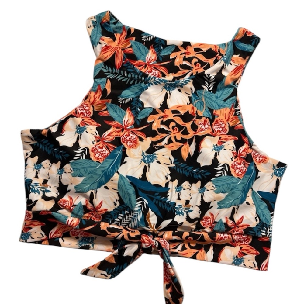 NWT Floral Sleeveless Tie-Front swimsuit Top scoop neck colorful floral designs